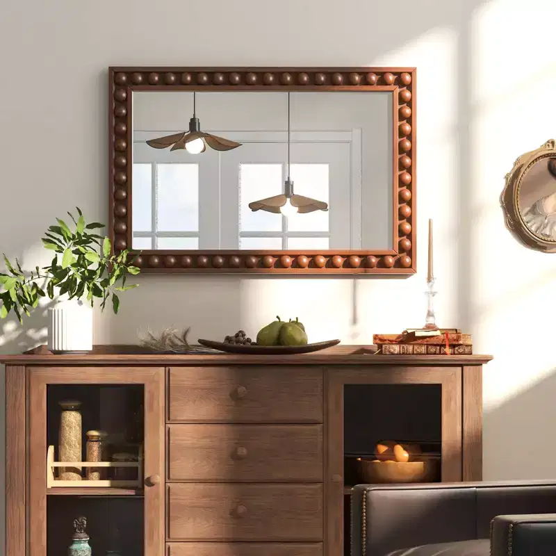 24 x 36 Rustic Decorative Wall Mirror with Solid Wood Frame Beads Brown/White