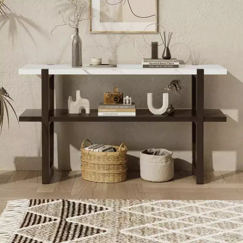 Console Table with Marble Effect Top Open Shelf For Hallway Living Room Espresso