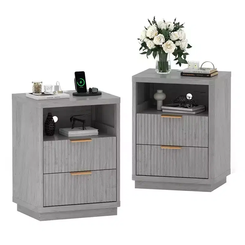 Grey Fluted Nightstand Set of 2 C Modern Farmhouse Bedside Tables with Charging Station & 2-Drawer Storage (Mid-Century Design)