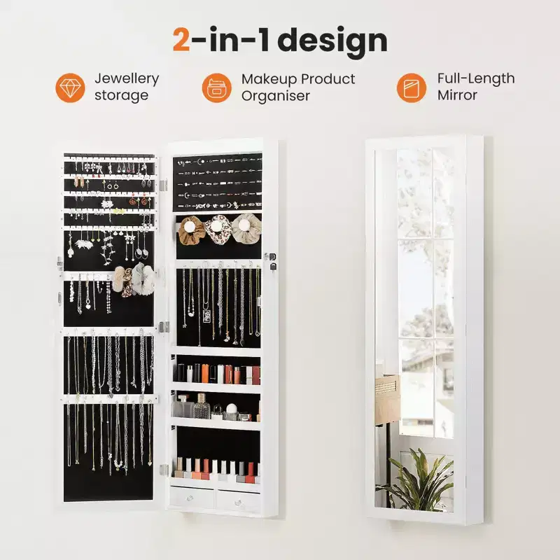 MAYEERTY 47.2in Wall Mounted Jewelry Armoire Door Hanging Large Capacity with 6 LEDs Lockable Organizer Cabinet Built In Mirror
