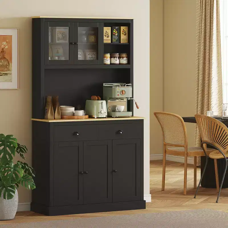 Freestanding Kitchen Cabinet with Wide Countertop, Tall Pantry Cabinet with Adjustable Shelves, Modern Hutch for Dining Room