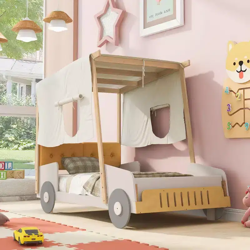 TUYOHW Twin/Full Size Car Bed with Piillow & Ceiling Cloth,Natural Canopy Bed for Kids,Solid Pine Wood Montessori Platform Bed with Slats Support