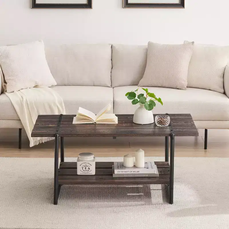 2 Tier Wood Coffee Table, 41'' Industrial Center Table, Cocktail Tea Table with Storage Shelf, Sofa Side Accent Table for Living Room