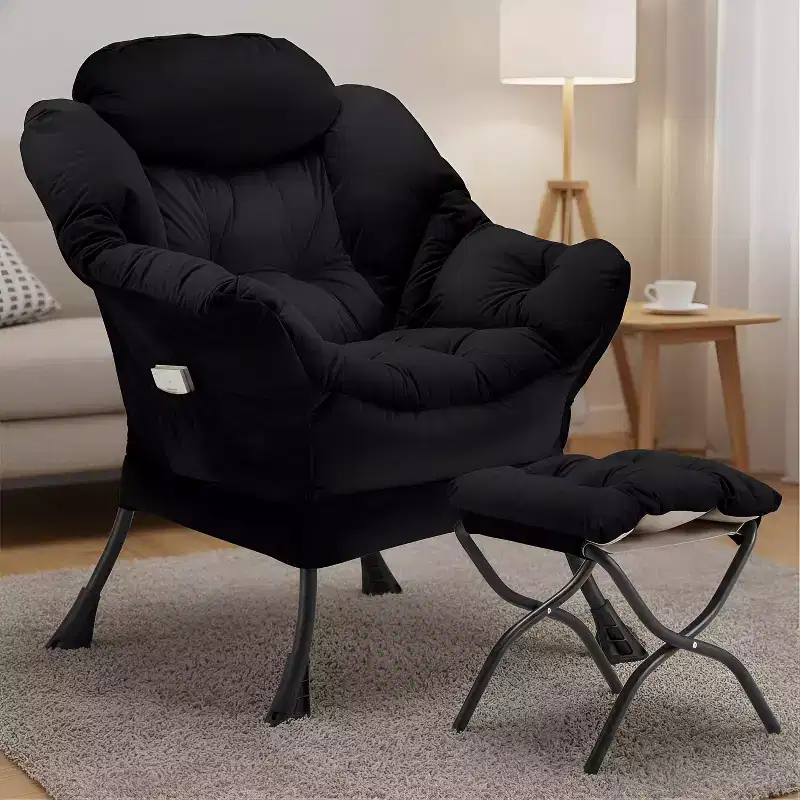 Velvet Accent Chair with Folding Ottoman & Side Storage Bag, Metal Frame, Black, 330lb