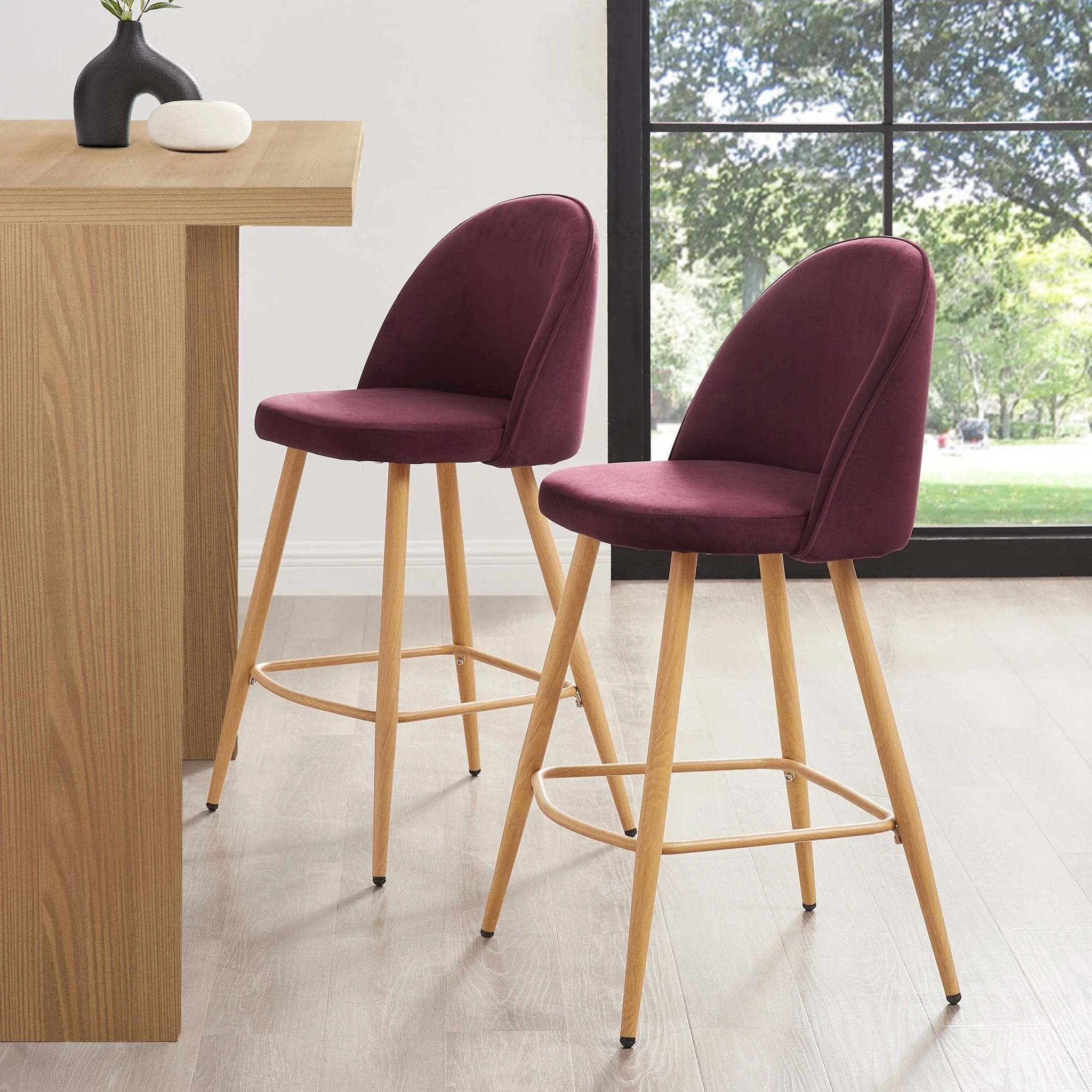 Contemporary Berry Velvet Barstool with Natural Wood Legs for Kitchen