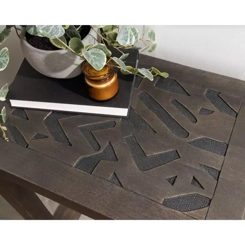 Boho-Chic Engraved Solid Mango Wood Side Table, 20x14x26, Gray Wash