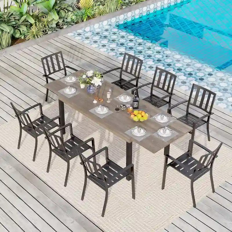 MAISON ARTS 7/9-Pieces Patio Dining Set with Metal Rectangle Expandable Table and Metal Stackable Chairs