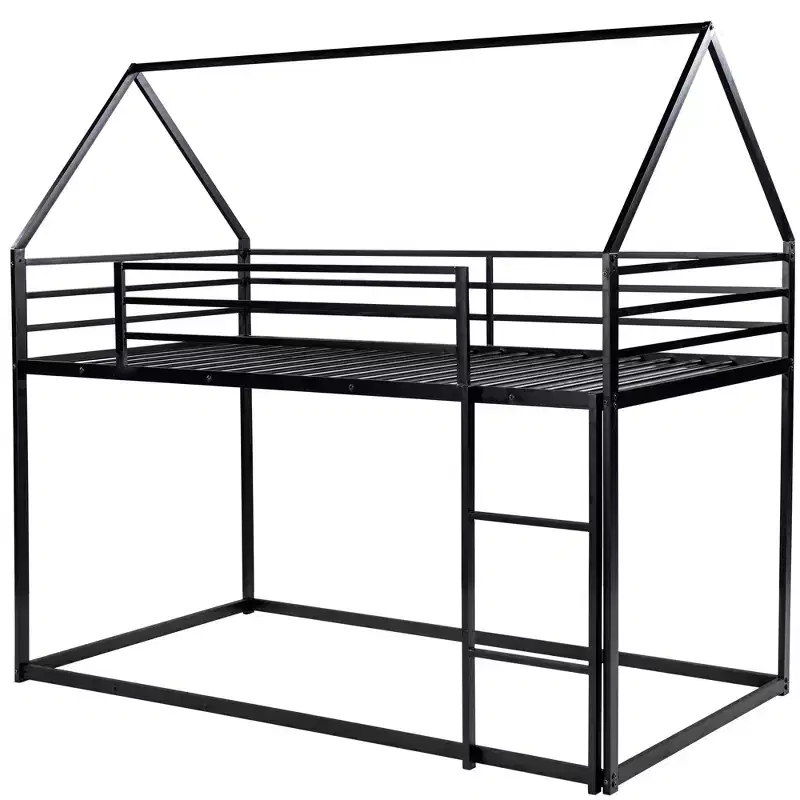Metal Twin over Twin House-Shaped Bunk Bed with Built-in Ladder