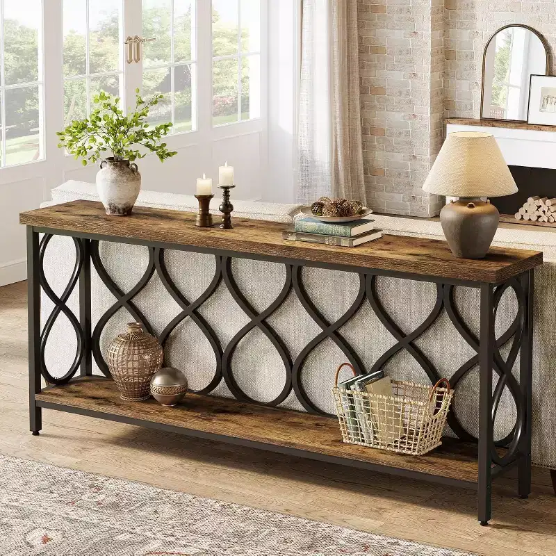 Lantine 70.9 Industrial Console Sofa Table, 2-Tier Entryway Accent Table for Living Room, Hallway, Entry, Rustic Brown