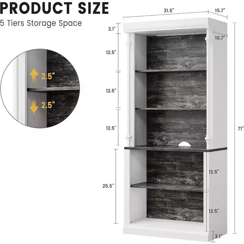 71'' Bookshelf with Adjustable Shelves,5-Tier Display Cabinet Farmhouse Wood Bookcase with Anti-Tip Design for Living Room Office