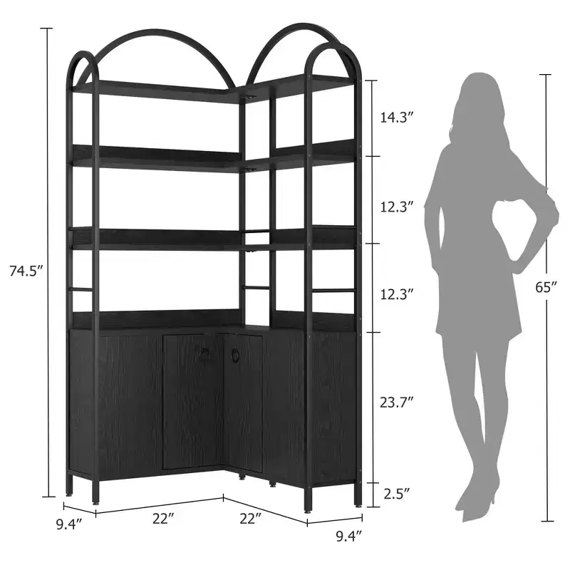 6-Tier Corner Bookshelf, Corner Bookcase with Storage, Rustic l Shaped Bookshelves with Cabinet, for Living Room, Home Office, Retro