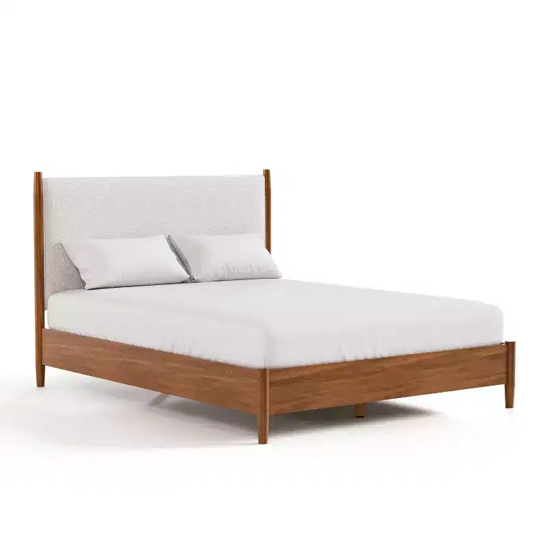 Mid-Century Modern Platform Bed with Boucle Headboard