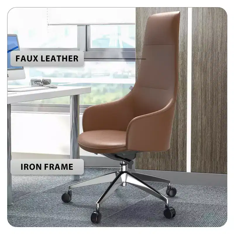 LeisureMod Celeste High-Back Leather Office Chair with Headrest - Modern Iron Frame Swivel & Tilt Executive Desk Chair
