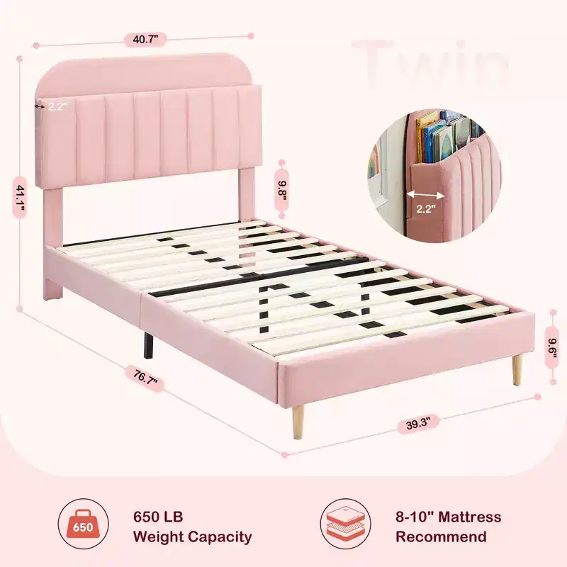 2PCS Twin Bed Frames, Upholstered Platform Bed Frame with Bookcase Headboard, Velvet Platform Bed Mattress Foundation, Heavy Duty Steel Support Legs