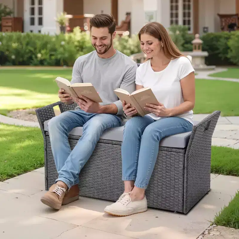 VEVOR Outdoor Storage Bench, 2-Person PE Rattan Storage Bench, 40 Gal Deck Box with Cushion & Side Handle, Supports up to 400 lbs, Grey