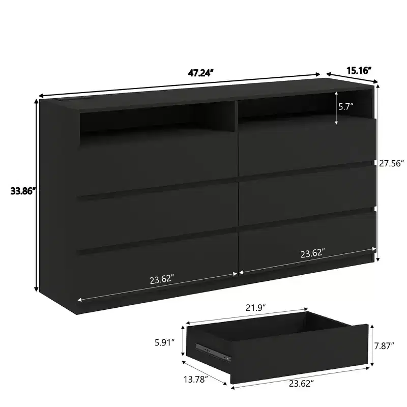 Modern 6 Drawer Dresser for Bedroom With LED Lights and Power Outlet, Double Wide Drawer Storage Organizer TV Stand for Living Room