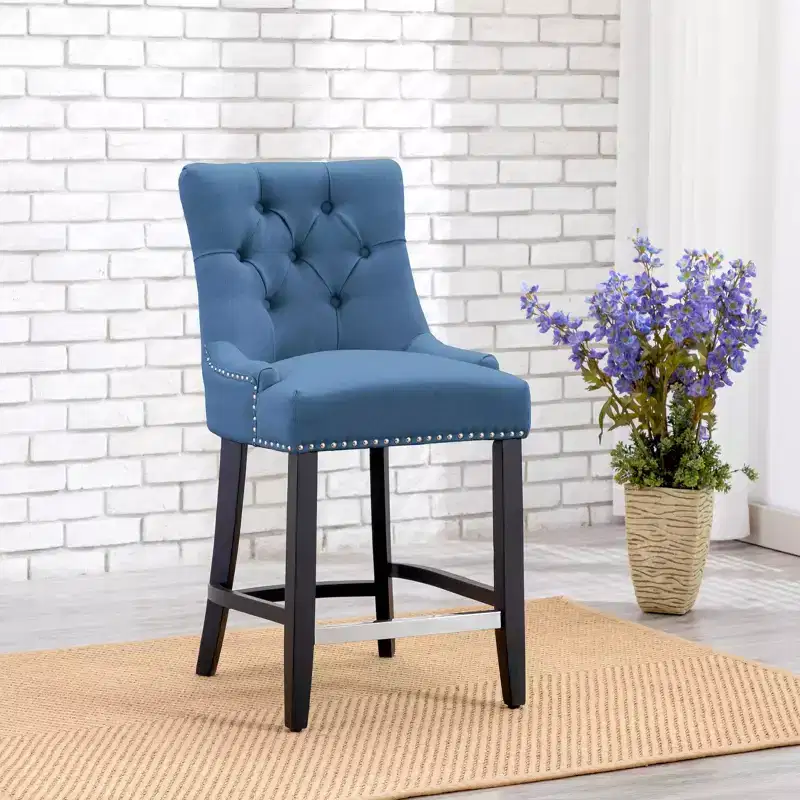 WestinTrends 24 Linen Fabric Tufted Buttons Upholstered Wingback Counter Stool, Tea