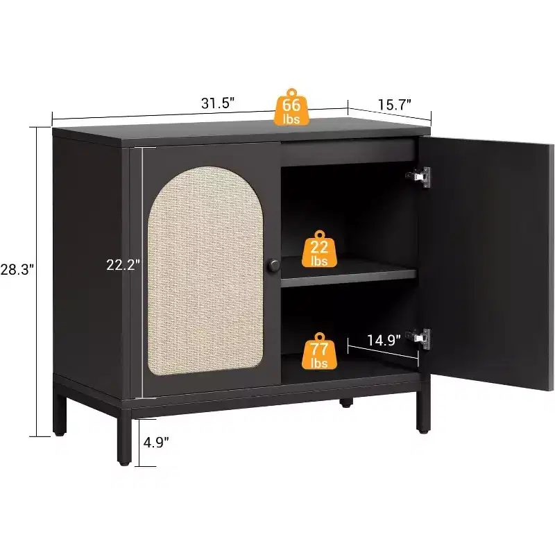 Rattan Sideboard Buffet Cabinet, Kitchen Storage Cabinet with Rattan Doors and Adjustable Shelves, for Living Dining Room Hallway