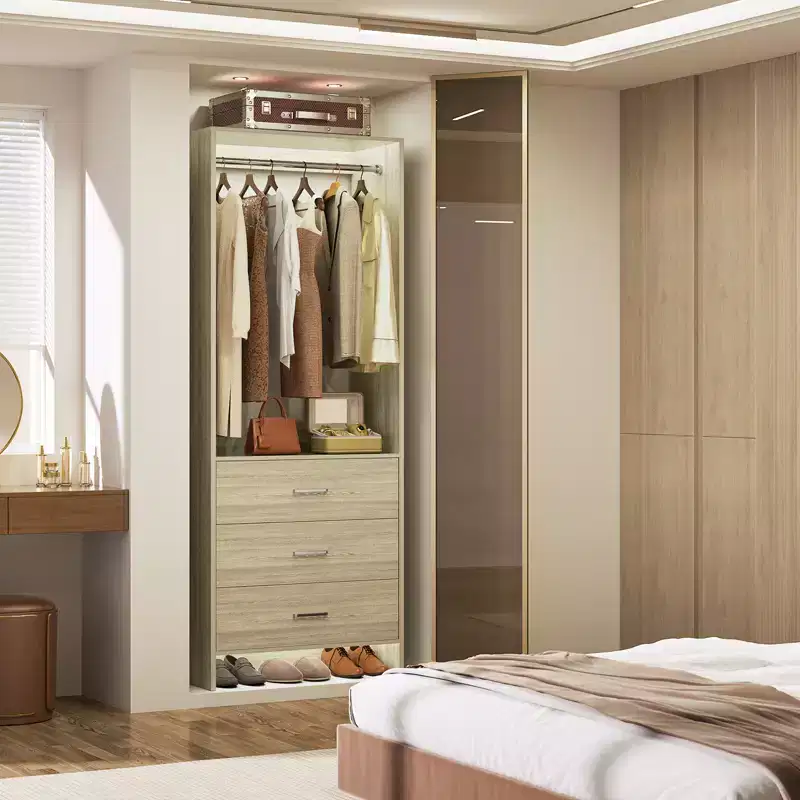 Closet Organizer System with Wooden Drawers, Freestanding Wardrobe with Hanging Rod