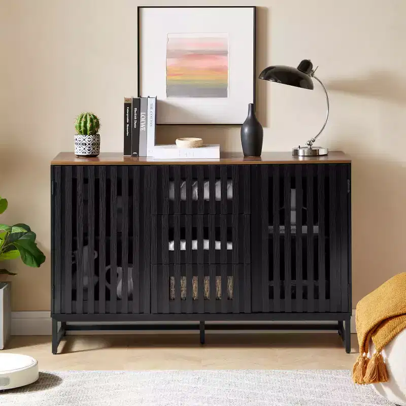 GDFStudio Rosina Modern Slatted Grille Striped Storage Cabinet
