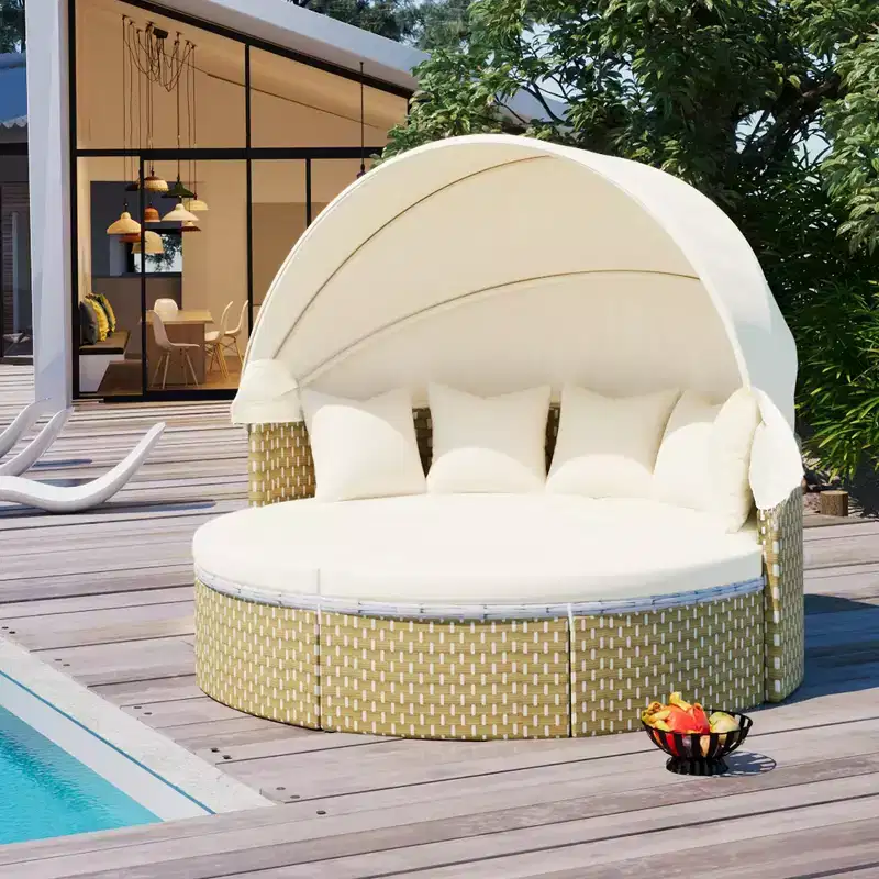 GDFStudio Vera Patio Round Convertible Sectional Sofa Set & Rattan Daybed with Retractable Canopy