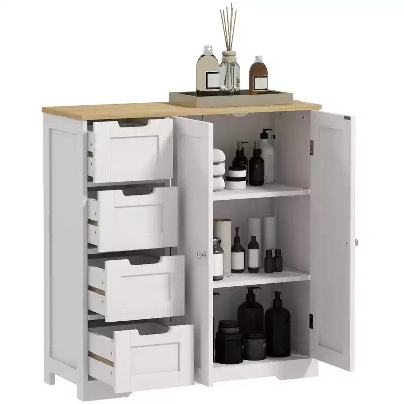 HOMCOM Bathroom Floor Cabinet with Adjustable Shelf, Freestanding Bathroom Storage Cabinet with 4 Drawers and 2 Doors, White
