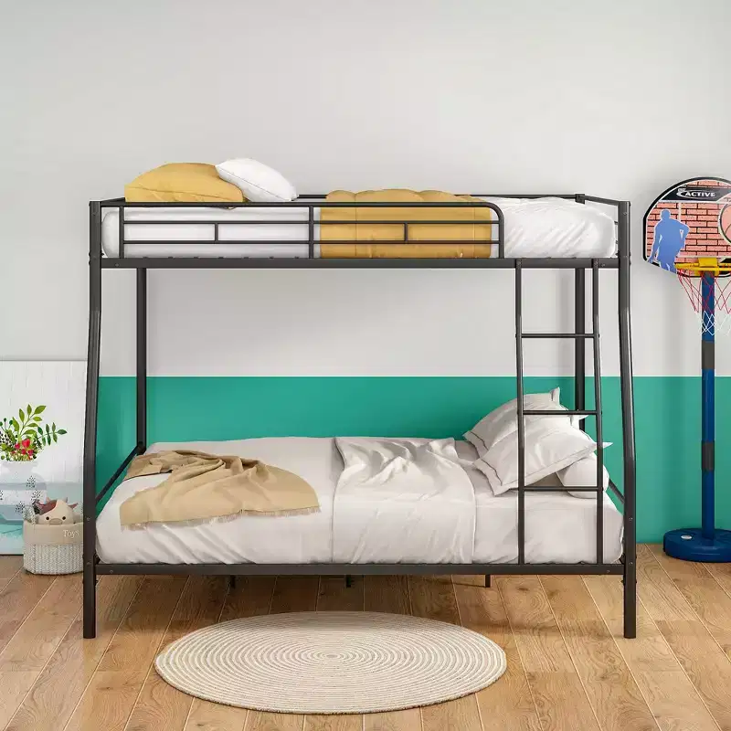Heavy Duty Metal Bunk Bed Full Over Queen Frame for Adults, Noise Free, No Box Spring Needed, Black
