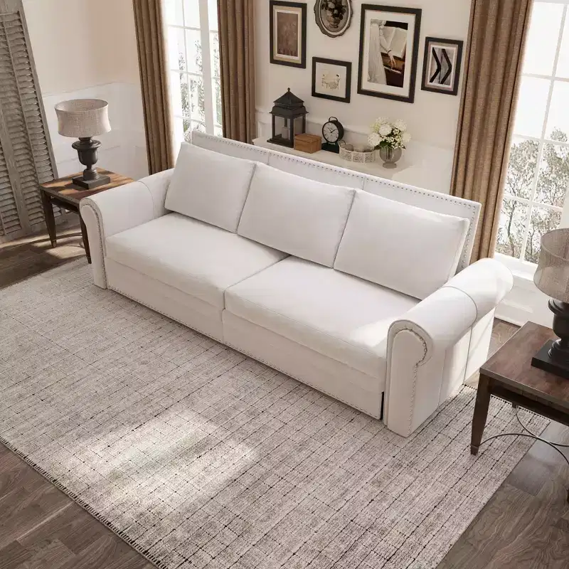 MAYEERTY 93.7 King Pull Out Sofa Bed, 3-in-1 Velvet Convertible Sleeper Sofa with Nailhead Trim& Rolled Arm Beige