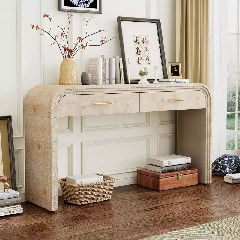 Unique Retro Silhouette Console Table with Open Style, Two Top Drawers(Natural Wood Wash)
