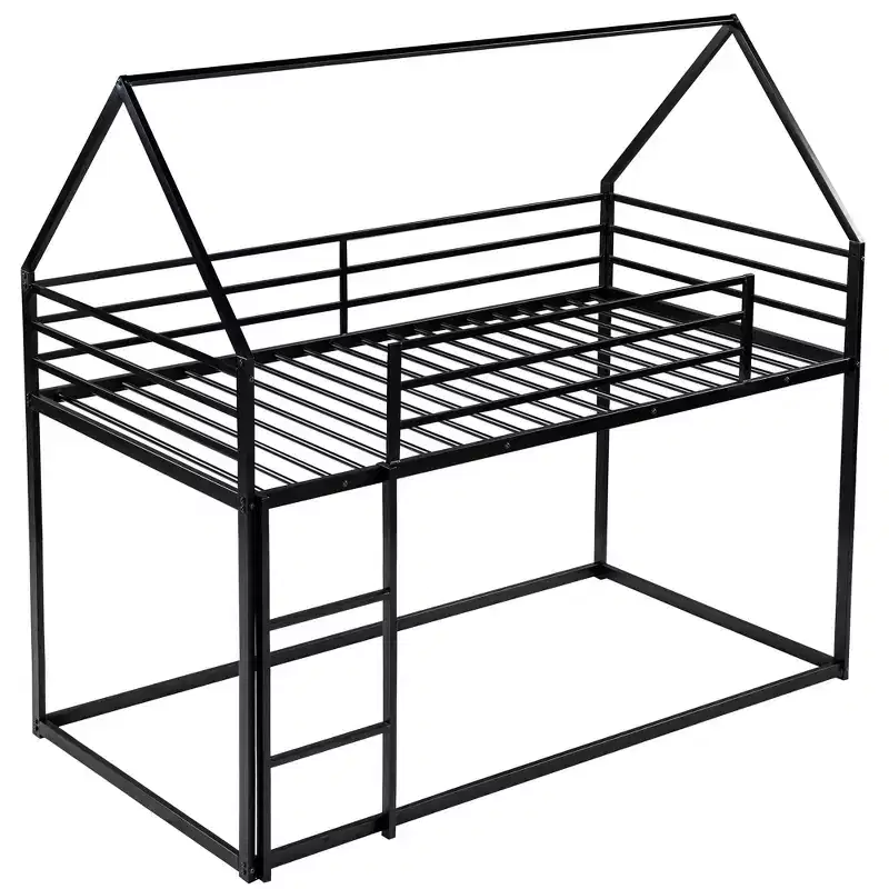 Metal Twin over Twin House-Shaped Bunk Bed with Built-in Ladder
