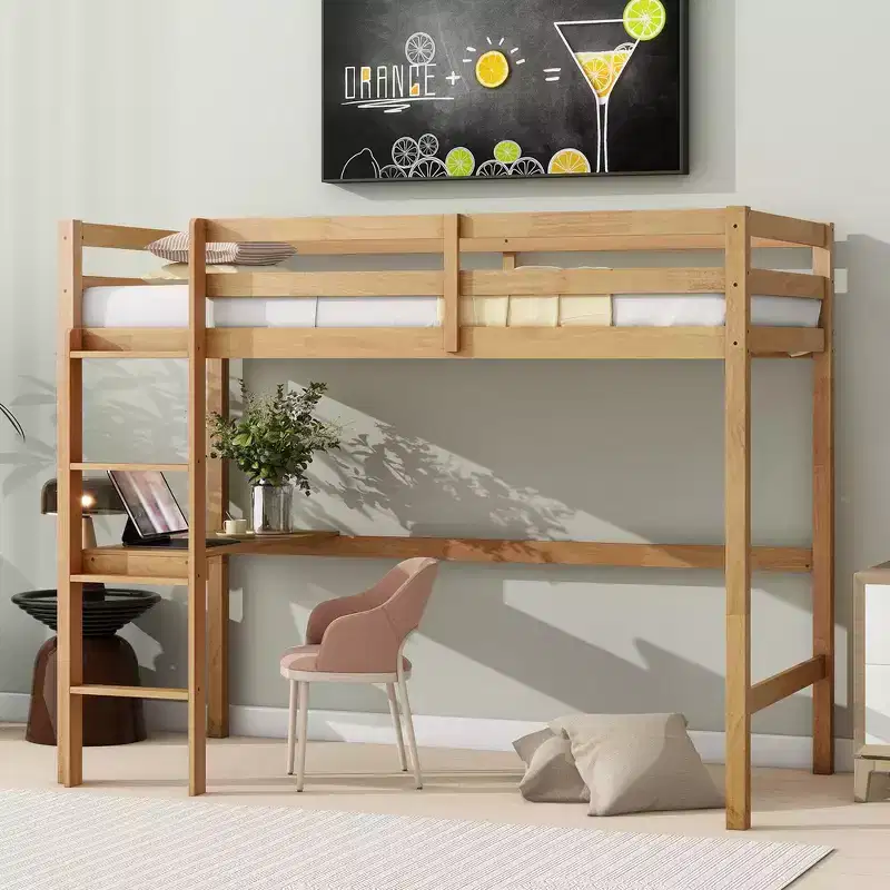 Twin Size Wood Loft Bed with Built-in Desk & Ladder, Spacious Study Space, Safety Guardrails(Upgraded) - White Oak