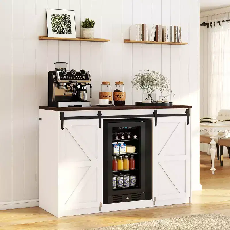Skyzoo Mini Fridge Cabinet with Built-In Fridge Space, Farmhouse Coffee Bar Cabinet with Outlet, Mini Bar for Home