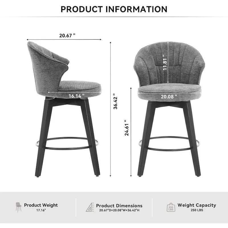 White / Blue / Dark Grey Swivel Bar Stools, Set of 2, Chenille Cushioned Counter Height Chairs with Metal Legs