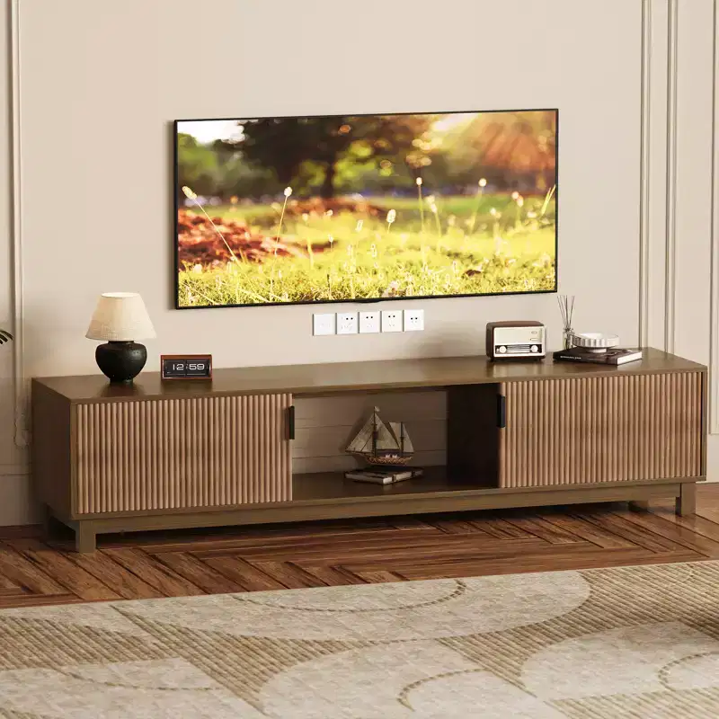 15.9'' H Mid Century Modern Low TV Stand, 70 Long Fluted TV Console Table with Open Storage Shelf & Fluted Doors for Living Room, Bedroom