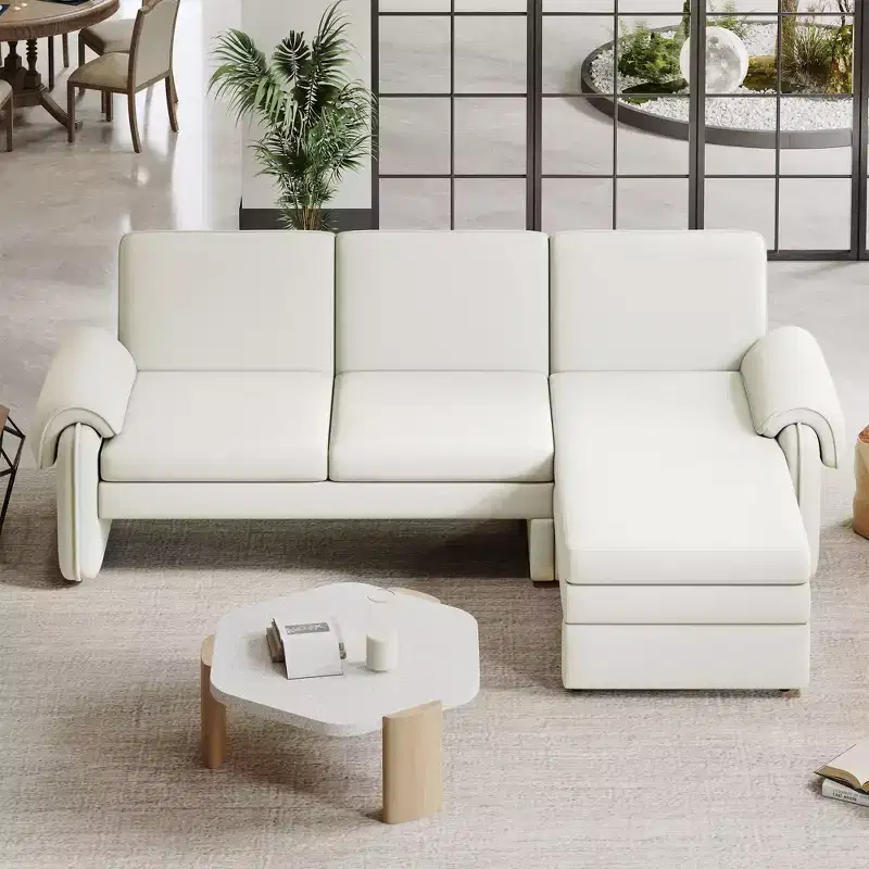 94.1 Convertible Futon Sofa Bed with adjustable backrest, reversible chaise lounge & 2 removable armrest pillows for living room, Beige