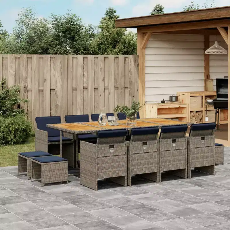 vidaXL Patio Dining Set, 12-Seater, Grey and Navy Blue, Outdoor Poly Rattan and Wood