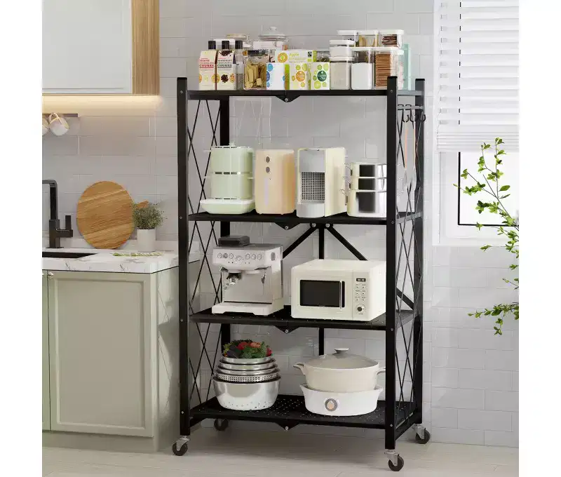 4-Tier Foldable Metal Storage Shelf with Rolling Wheels Heavy Duty Wire Organizer Rack Black