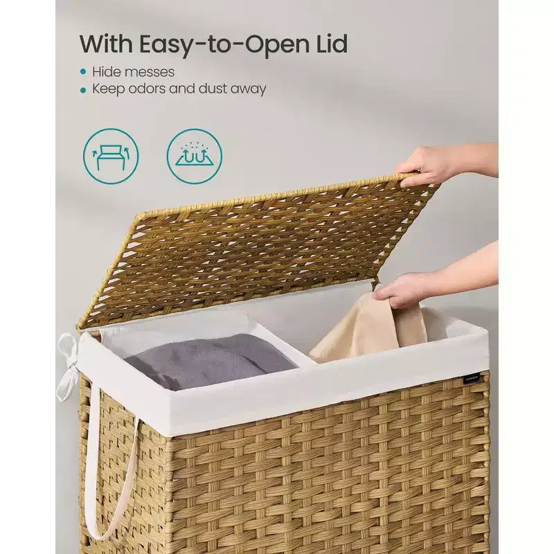 42.3 Gallon Foldable Laundry Hamper with Lid, Synthetic Rattan Storage Basket with Removable Liner & Handles, 160L Capacity, Natural