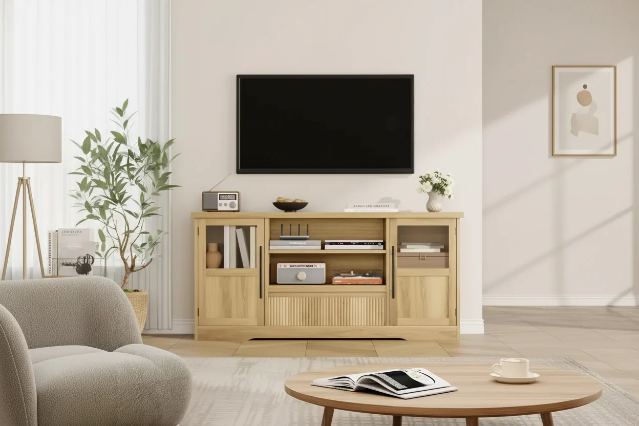 Farmhouse TV Stand - 72'' TV Fit, Wave Pattern, 2 Glass-Door Cabinets, 2 Open Storage, Entertainment Center for Living Room
