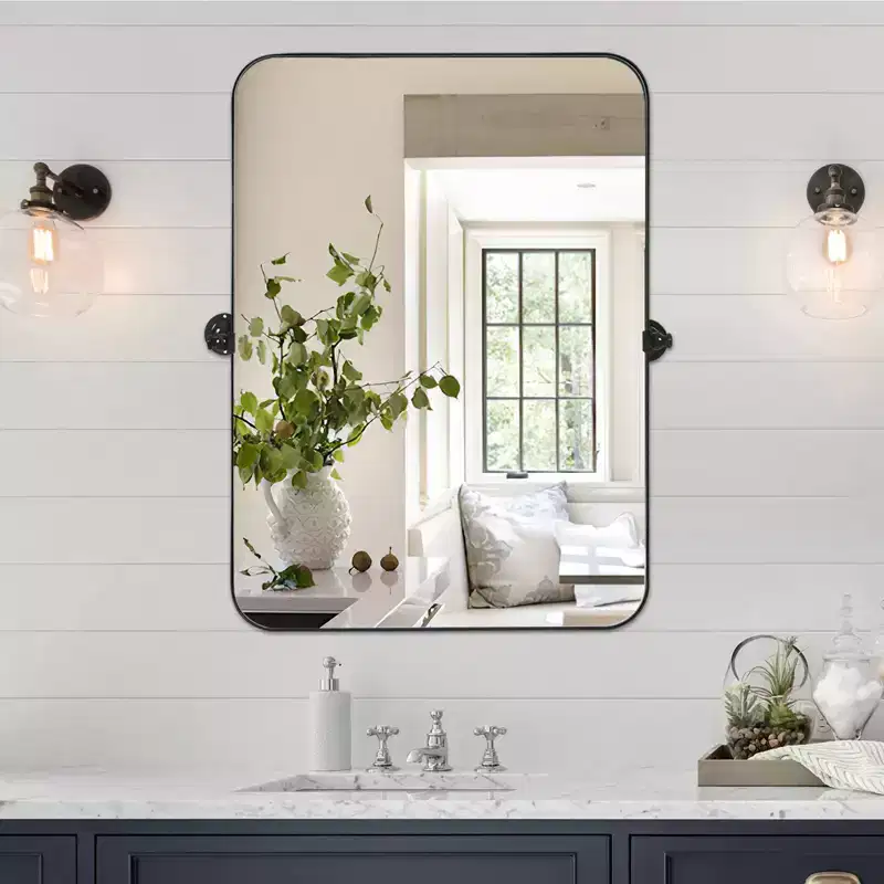 MAYEERTY 35.83x24.02x1.57in Wrought Iron Rounded Rectangle Black Swivel Metal Hanging Mirror