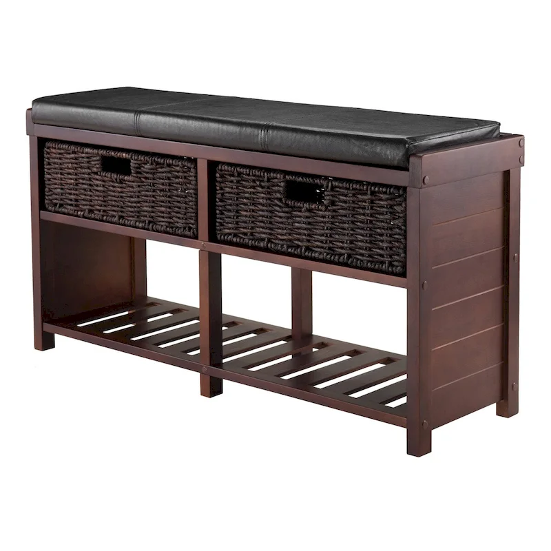 38 Brown Cushion Bench with Corn Husk Baskets
