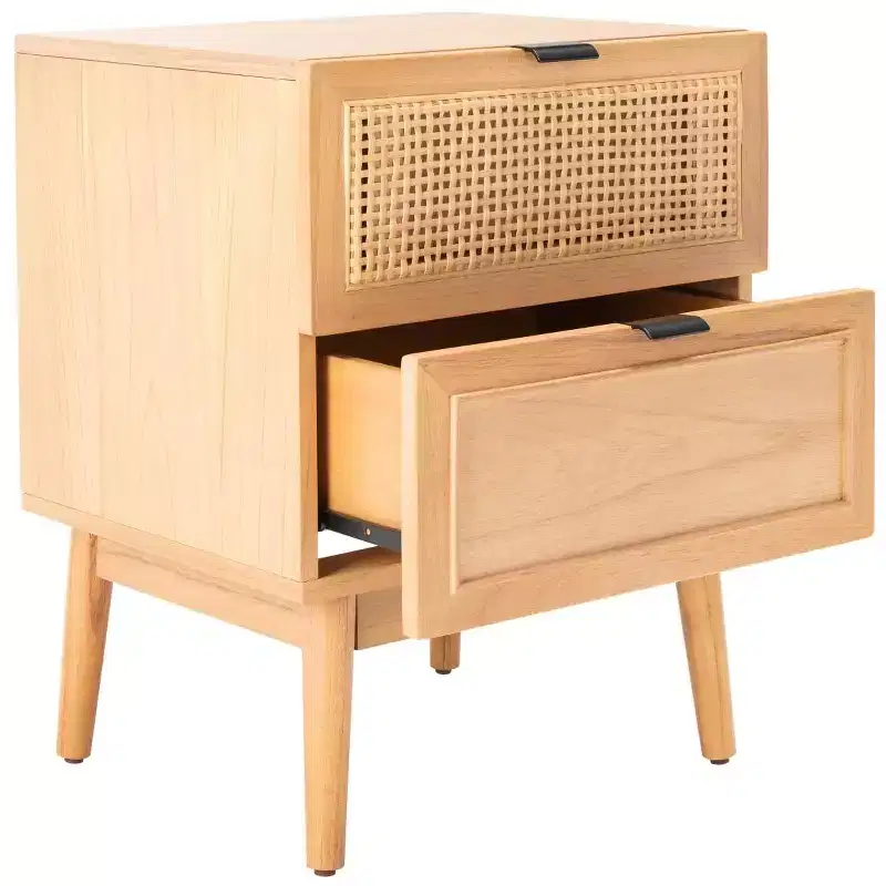 2-Drawer Rattan Nightstand with Splayed Legs, Mid-Century Coastal Bedroom Table