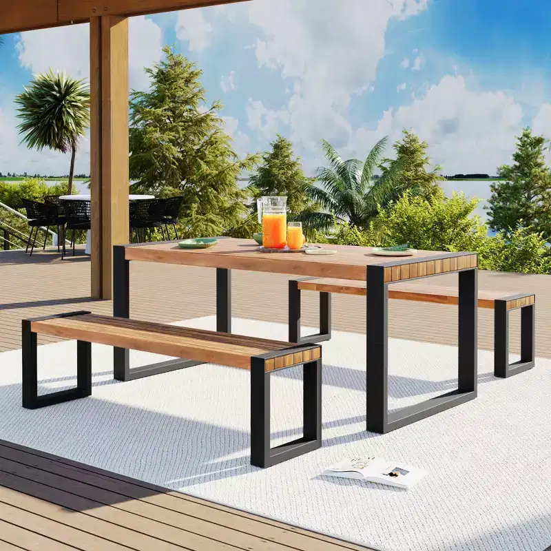 GDFStudio Wesley Patio Acacia Wood and Steel Dining Set with Table and 2 Benches