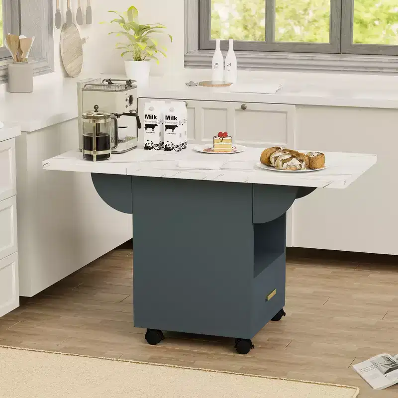 Folding Kitchen Island Table, Marble Texture Dining Table with Wheels, Storage Drawer & Rack, Space-Saving Multi-Purpose Table