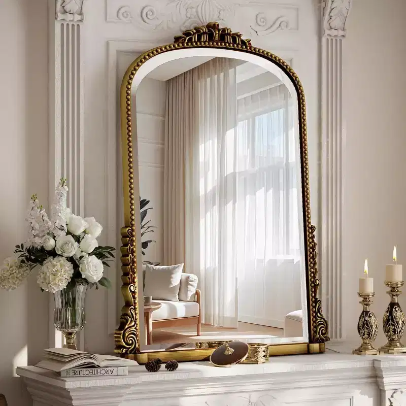 40x28 Wall Mirror, Arched Beaded Mirror with Metal Frame, Decorative Bathroom Vanity Mirror for Entryway, Bedroom, or Living Room