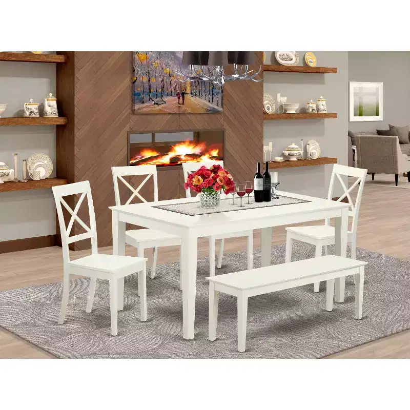 HomeStock Belmont 6 Piece dining room Set for 6 set-Dining table and 4 Wood Seat Dining Chairs plus 1 Bench in Linen White
