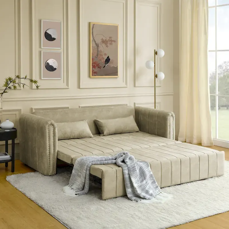 Modern Upholstered 3 in 1 Pull-Out Bed Sleeper w/ Rolled Arms & Copper Nails, Convertible Futon Daybed, Black