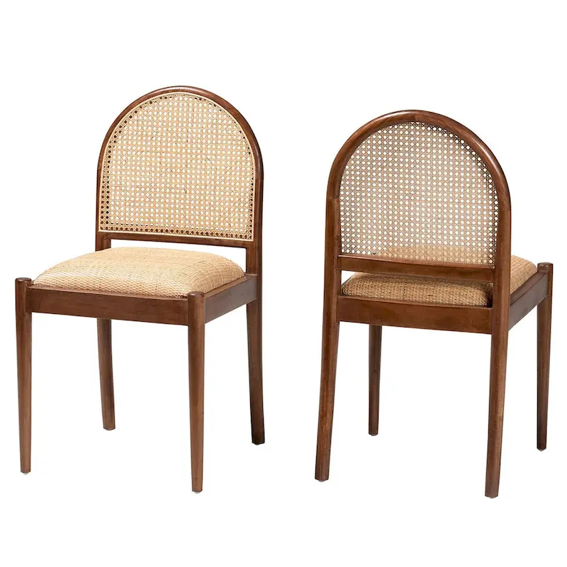 Modern Bohemian Natural Rattan & Acacia Wood Dining Chair Set of 2, Foam-Padded Seat, Indonesia