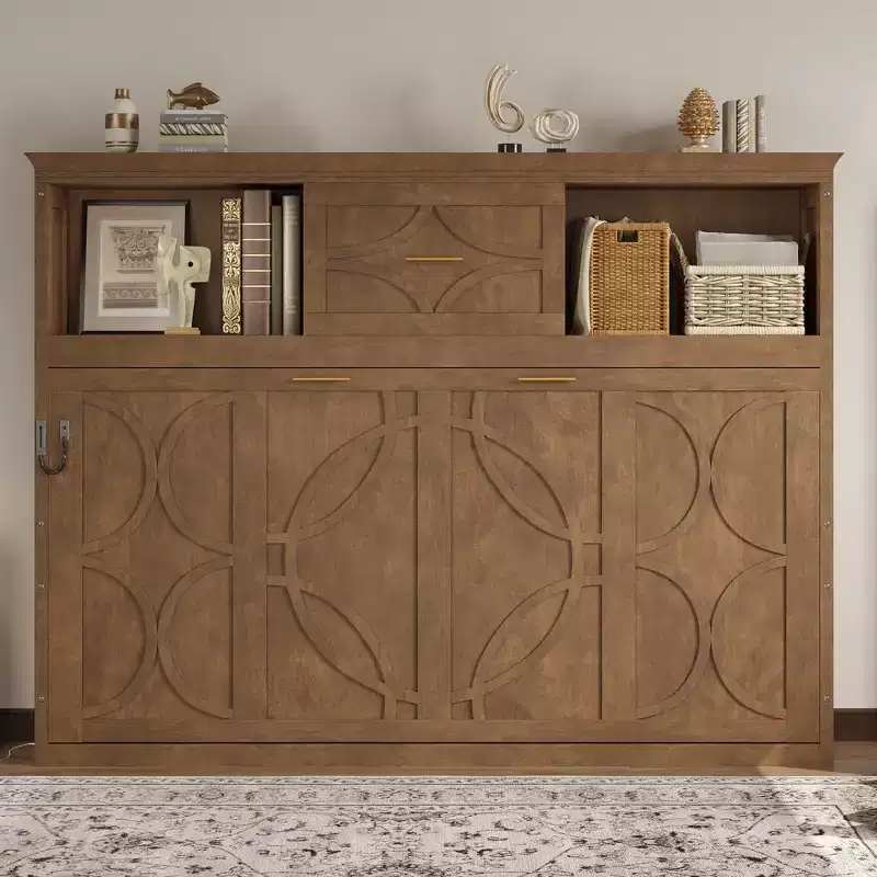 Whisen Wood Twin Size Murphy Bed with Charging Station and a Drawer