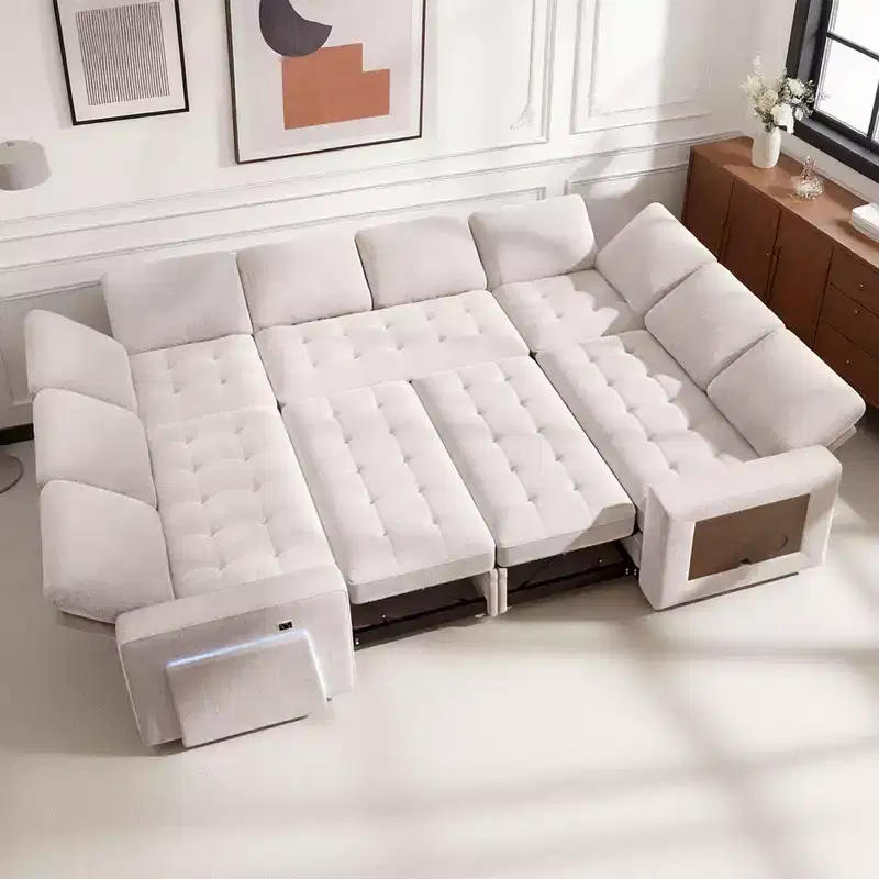 Dyonery 8 Seat U-Shaped Modular Sectional Sleeper Sofa with Pull Out Bed/Reclining Backrest/USB Ports/LED Light Tool-Free Assembly,Chenille Beige